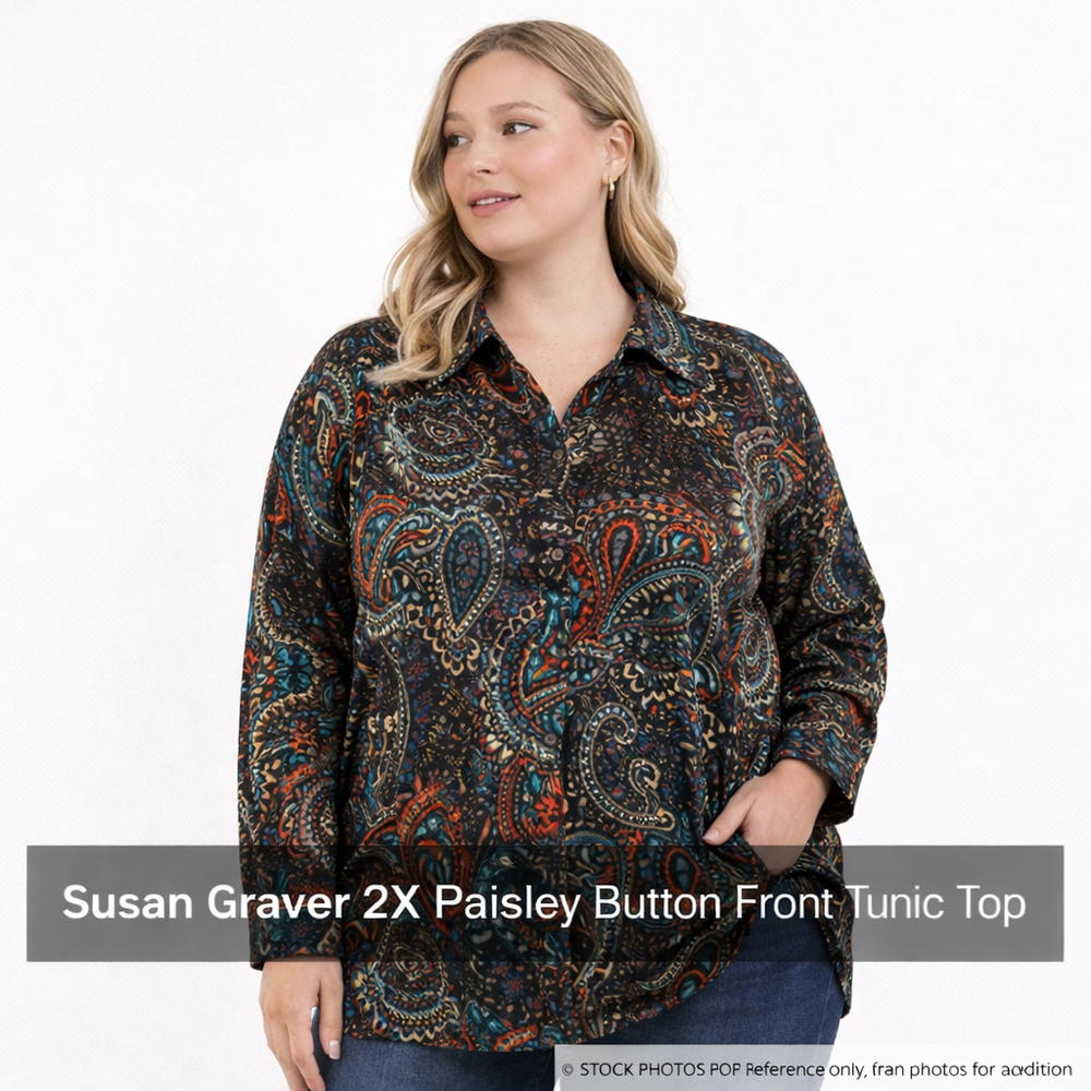Susan Graver Liquid Knit Paisley Tunic Top 2X Plus Button Front Stretch Travel C